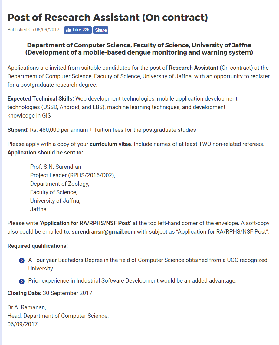 Research Assistant (On Contract) - University of Jaffna